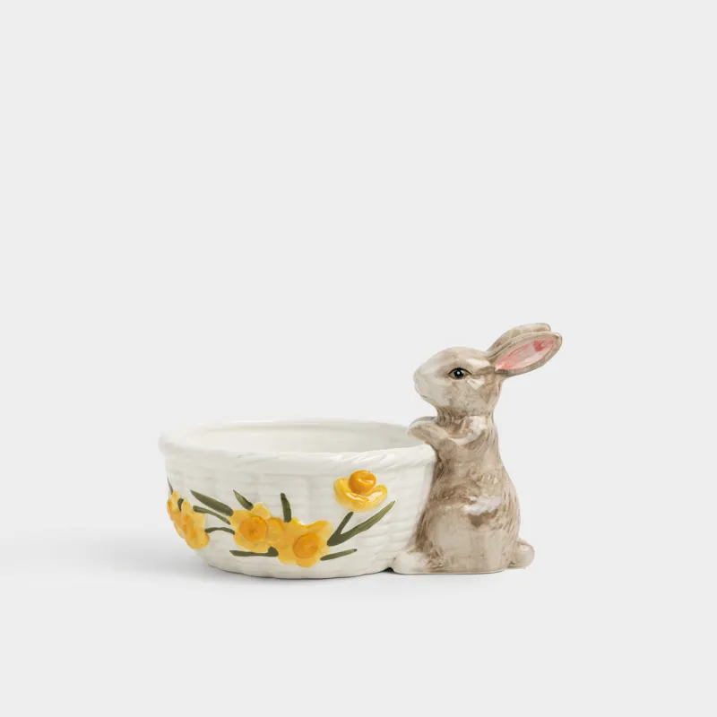 Кәмпит ыдысы, 22х13 см, керамика, сүт түстес және сарғылт-қоңыр, Себет пен гүлдері бар қоян, Rabbit in narcis