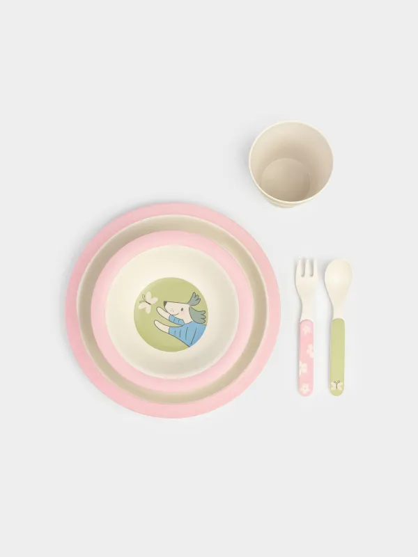 Ыдыс-аяқ жинағы, балаларға арналған, 1 адам, 5 зат, бамбук, қызғылт-жасыл, Иттер, Pretty friends, image-1