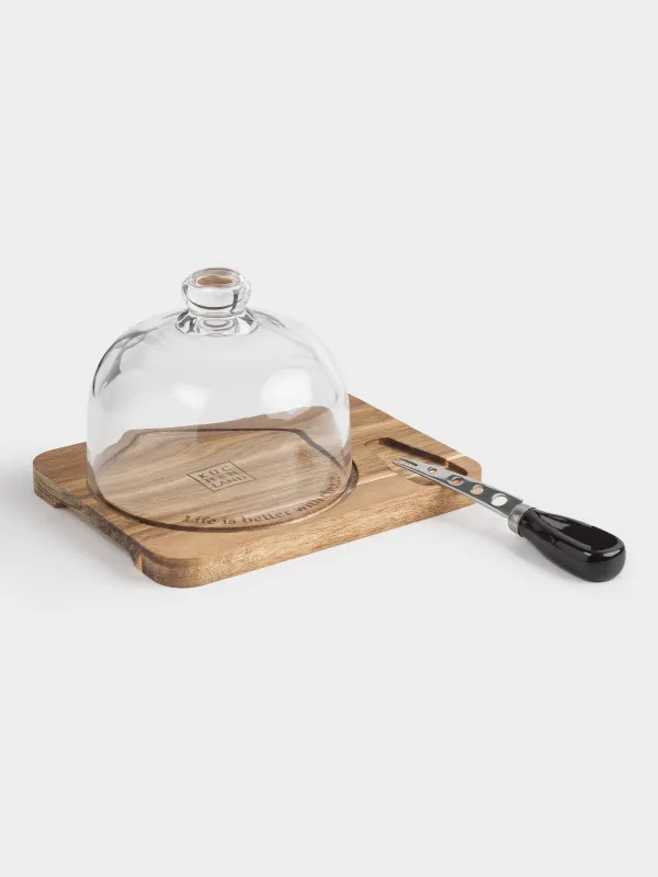 Ірімшікке арналған жиынтық, 3 зат, тақта-ыдыс/күмбез, болат/ағаш/шыны, Noble tree, image-0