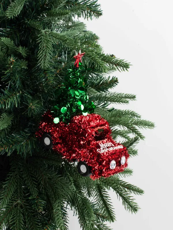 Игрушка елочная, 15 см, мишура/пластик, красная, Машина с елью, Tinsel christmas, image-4