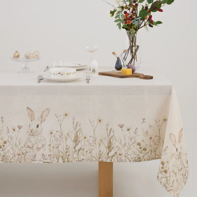 Дастархан, 160х160 см, полиэстер/зығыр, сарғылт-қоңыр, Гүлдер арасындағы қоян, Bunny in flowers