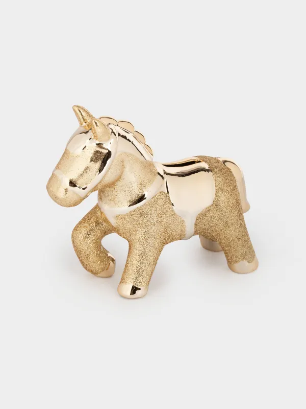 Копилка, 12 см, фарфор P, золотистая, Лошадка, Horse gold, image-1