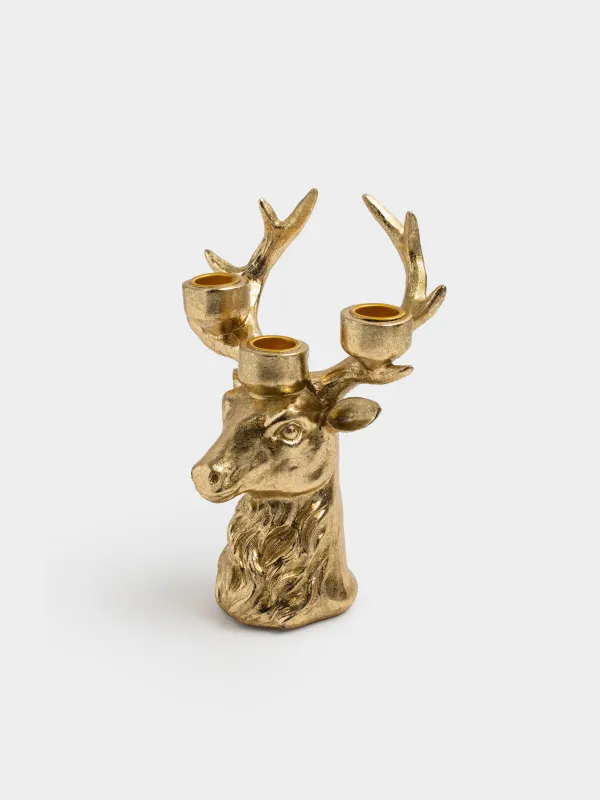 Шырағдан, 21 см, 3 жіңішке шам, полирезин, алтын, Бұғының басы, Deer gold, image-1