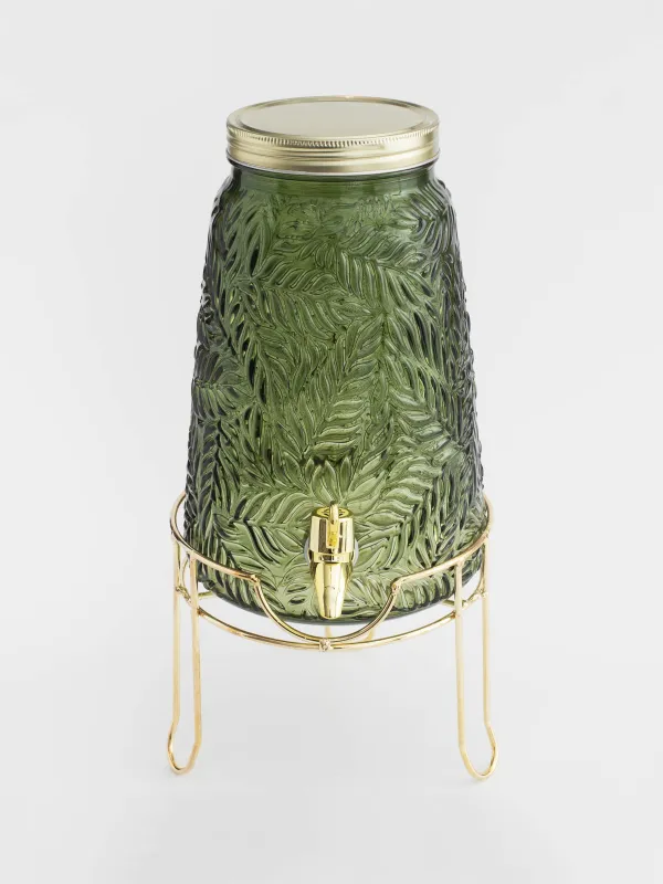 Диспенсер для напитков, 3,5 л, на подставке, стекло Р/металл, темно-зеленый, Листья, Tropical leaves, image-1