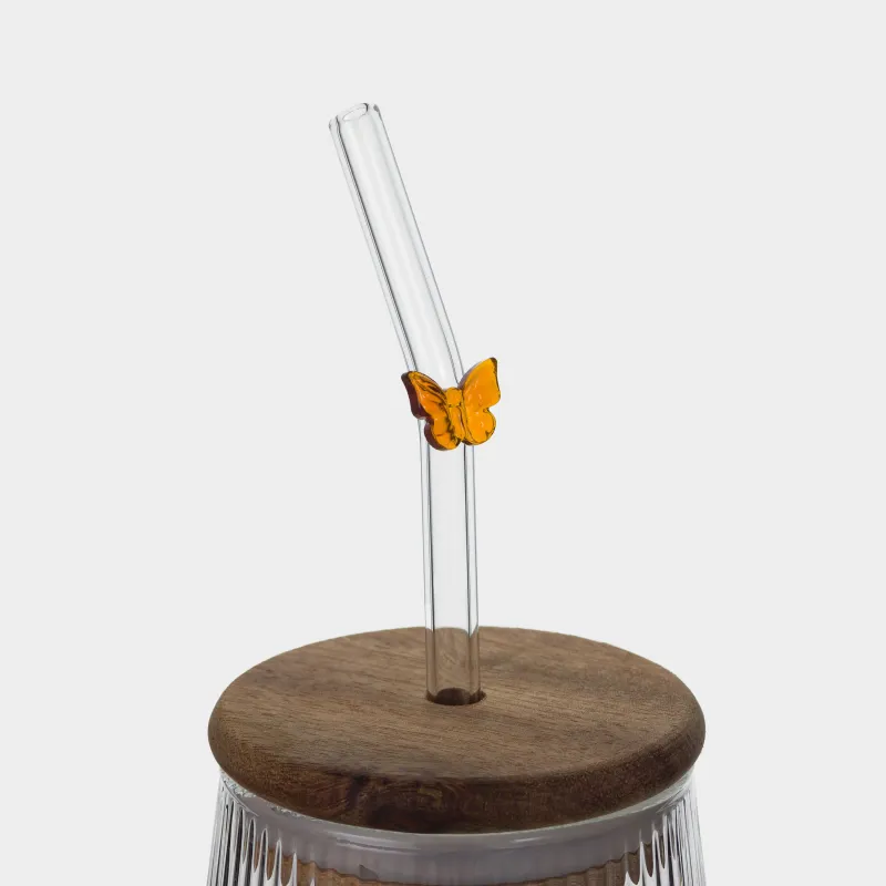 Банка для напитков, 440 мл, с крышкой и трубочкой, стекло Б/дерево, Янтарная бабочка, Ribby wood, image-5