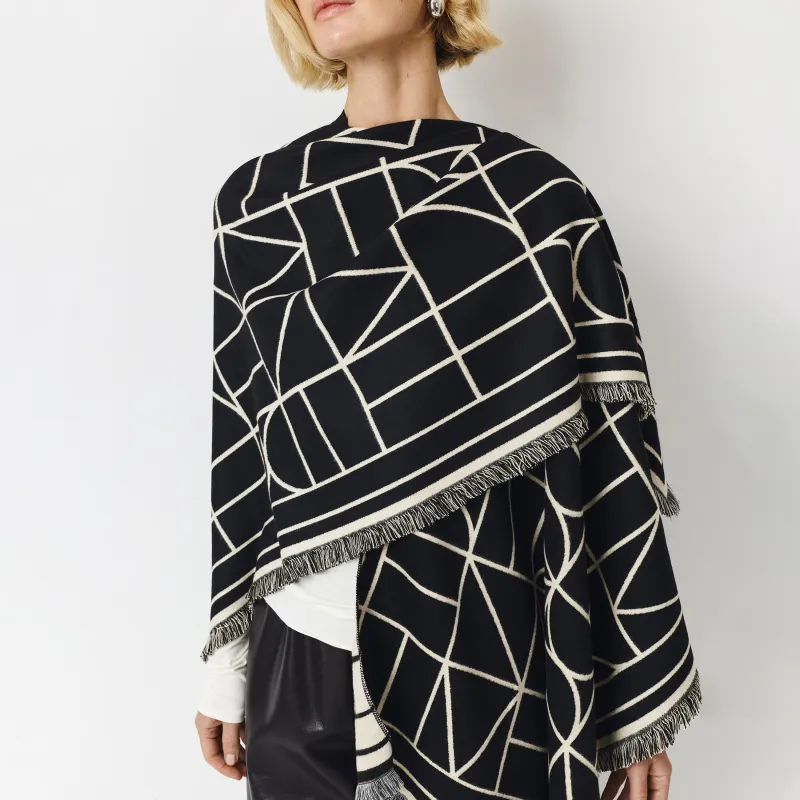 Пончо, 125х160 см, қайтымды, вискоза/полиэстер, сүт түстес - қара, Сызықтар, Poncho