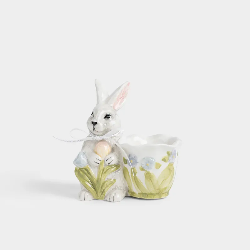 Подставка для яйца, 10 см, керамика D, серая, Кролик с цветами, Easter