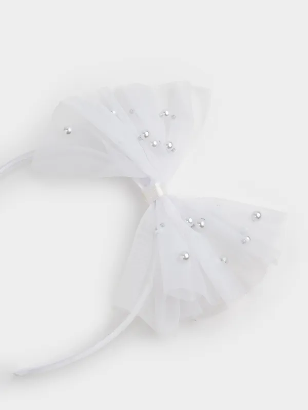 Тоғыншақ, 12х14 см, балаларға арналған, пластик/полиэстер, ақ, Моншақтары бар бант, Hairstyle, image-1