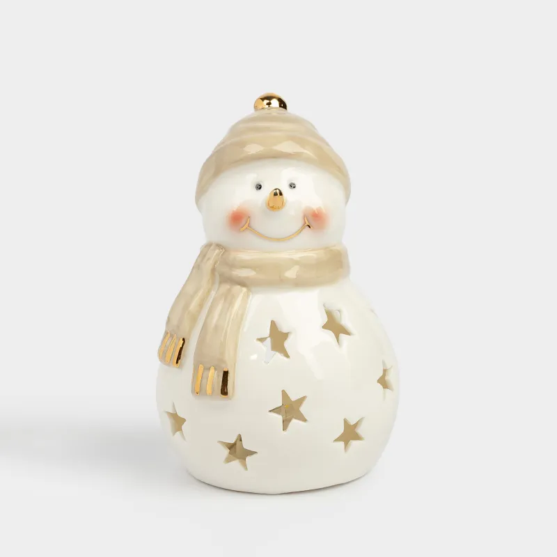 Светильник декоративный, 13 см, фарфор P, бело-бежевый, Снеговик в шапке и шарфе, Snowy
