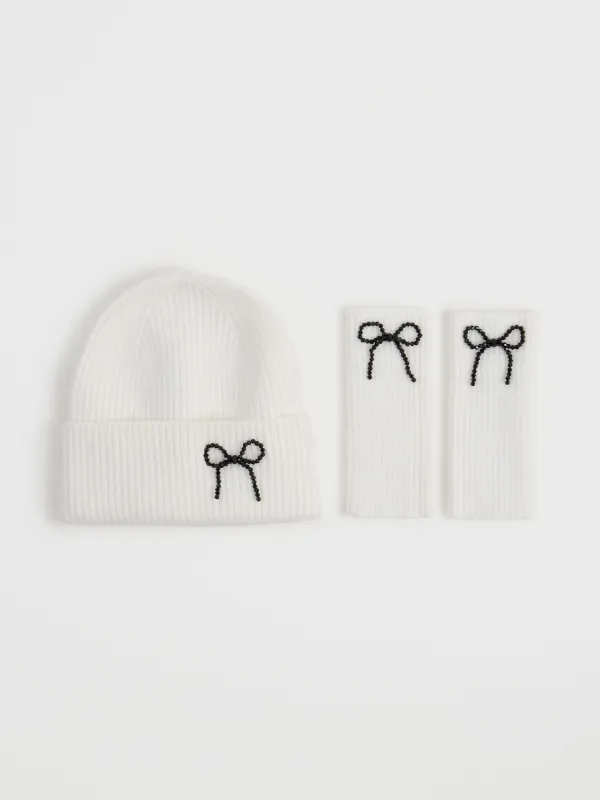 Әйелдер қолғаптары, бірыңғай өлшем, полиэстер/жүн, экрю, моншақтары бар, Бантик, Knitting bow, image-2