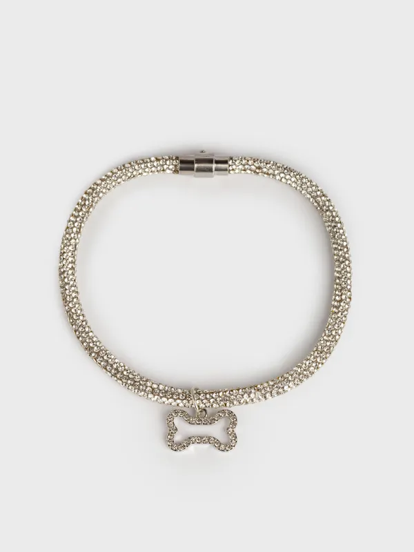 Ошейник для животных, 30 см, декоративный, металл/стразы, серебристый, Кость, Crystal pet, image-0