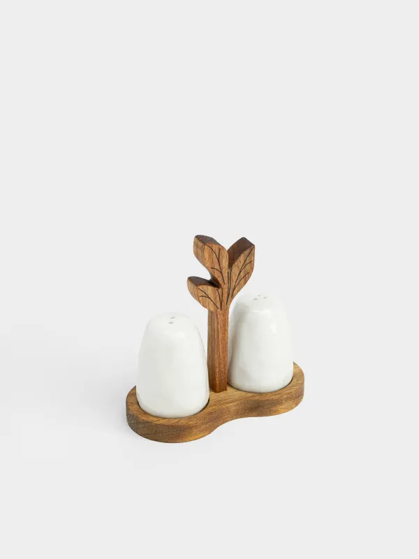 Набор для соли и перца, 7 см, на подставке, фарфор P/дерево, молочный, Ветвь, Noble tree, image-1