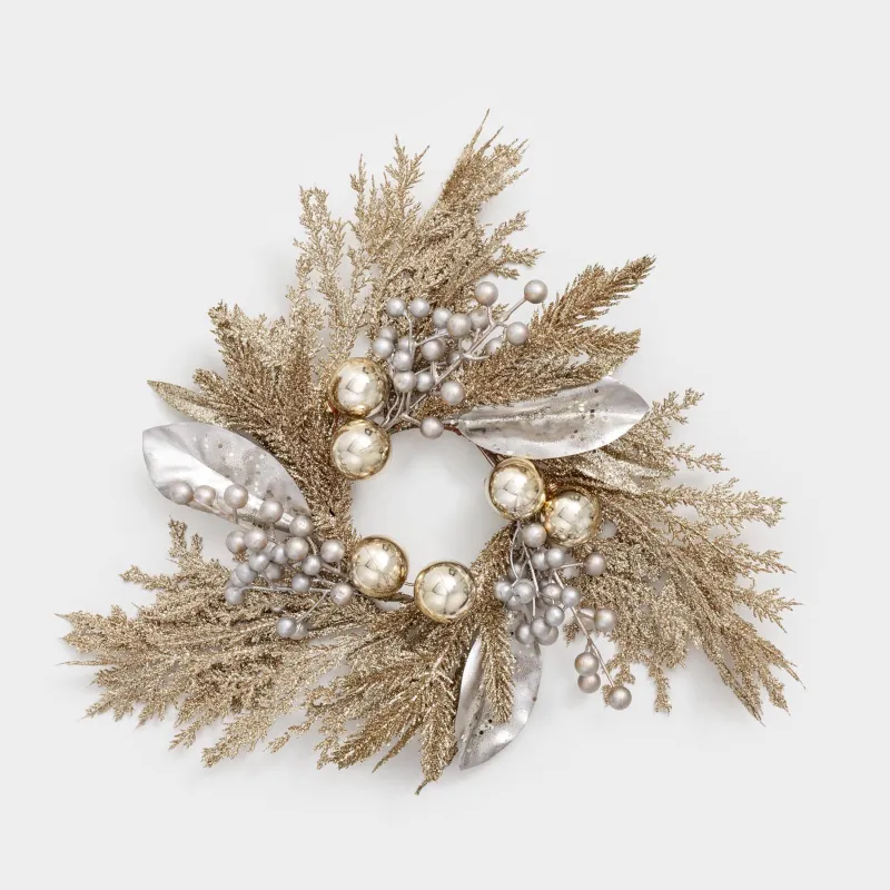 Сәндік гүл шоғы, 10/40 см, пластик/пенопласт, шампан, Қарағай инелері мен жидектер, Conifer champagne