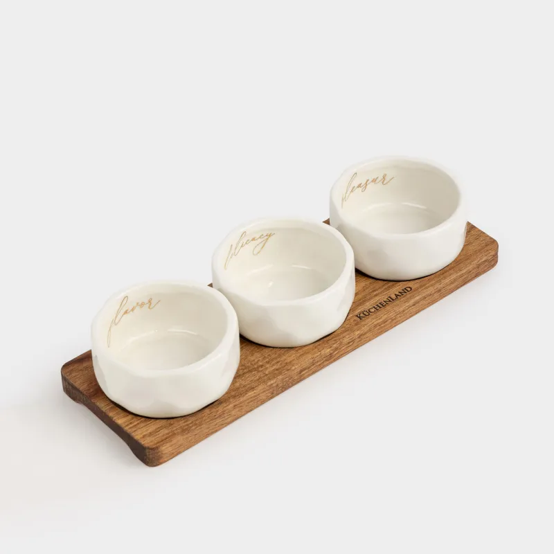 Тісбасарларға арналған жиынтық, 3 зат, тұғырда, керамика/ағаш, сүт түстес, Мыжылған әсер, Crumple kitchen