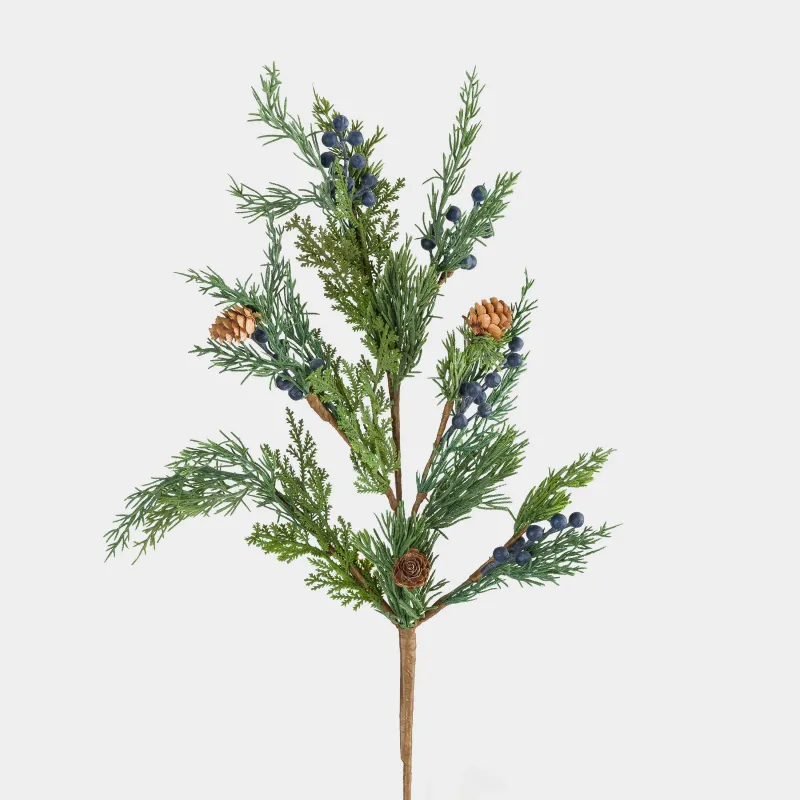 Ветка декоративная, 84 см, полиэтилен/пенопласт, Хвоя с синими ягодами и шишками, Blue berry, image-1