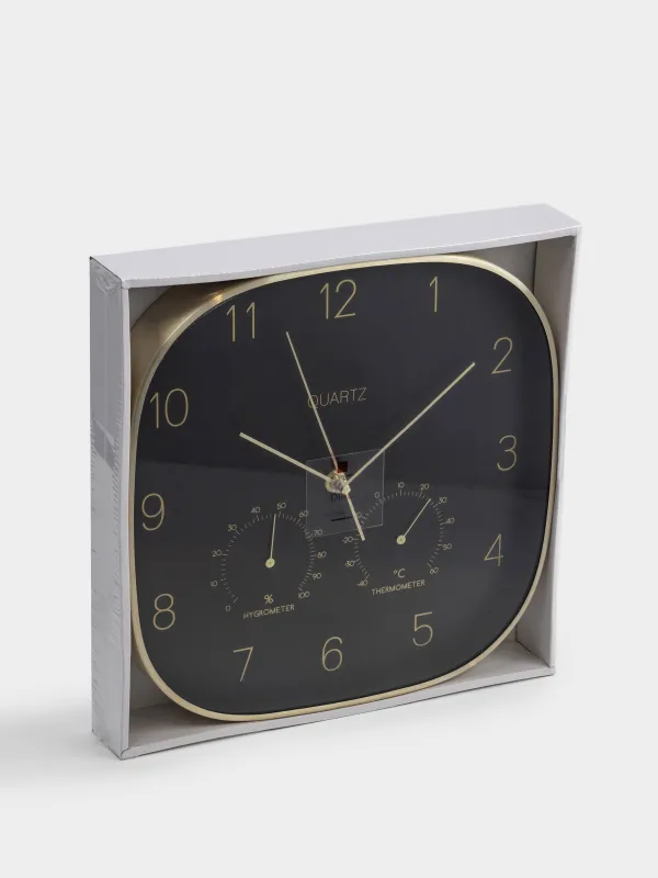 Қабырға сағаты, 30 см, термометрі мен гигрометрі бар, металл/шыны, қара, Dial, image-5