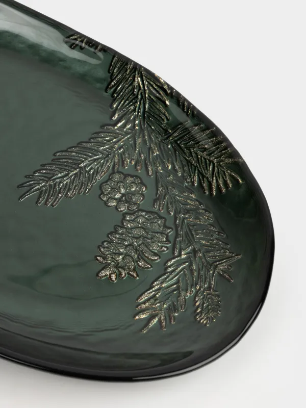 Блюдо, 26х16х2 см, стекло, овальное, зеленое, Еловые ветки, Winter delice, image-4