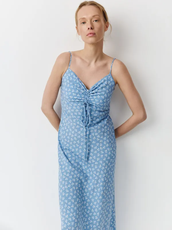 Әйелдер көйлегі, миди, өлшемі XS, белдіктері бар, вискоза, көгілдір, Гүлдер, Deborah, image-0