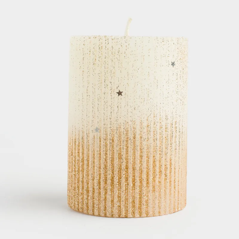 Свеча, 10 см, цилиндрическая, с блестками, молочно-золотистая, Ribbed candle, image-3