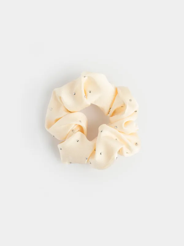 Резинка для волос, 8 см, со стразами, полиэстер, молочная, Silk, image-0