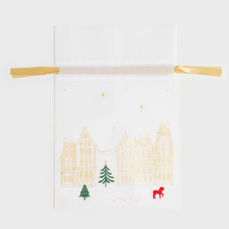 Сыйлық пакеті, 40х56 см, жіптері бар, полипропилен, ақ, Үйлер мен жылқы, Snow sparks