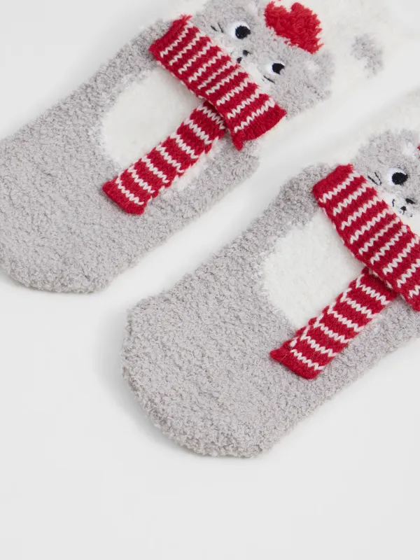 Носки детские, домашние, р. 27-29, в коробке, полиэстер, молочно-серые, Кот в шарфе, Merry, image-1
