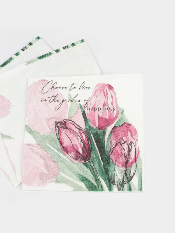 Салфетки бумажные, 21х21 см, 20 шт, квадратные, белые, Тюльпаны, Tulip garden, image-3