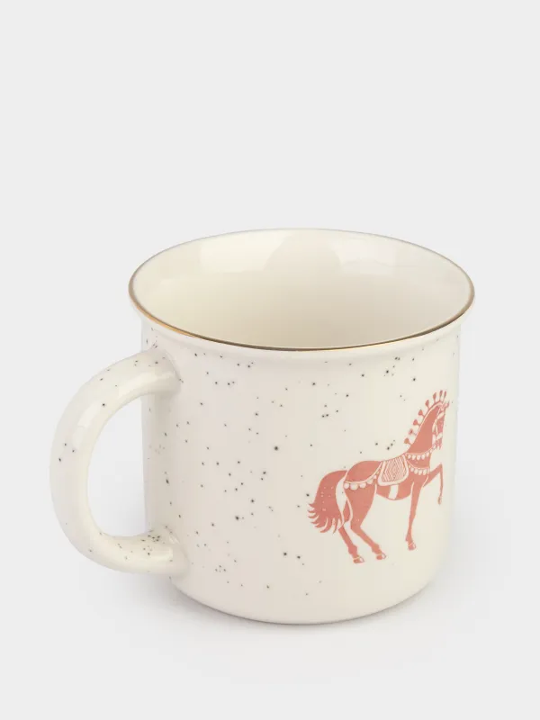 Саптыаяқ, 360 мл, фарфор N, сүт түстес, дақты, алтын түстес жиегі бар, Жылқы, Horse, image-1