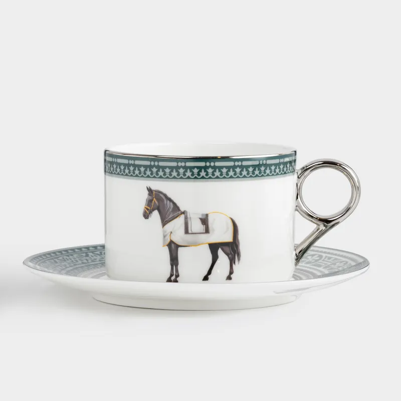 Шай жұбы, 1 адам, 2 зат, 270 мл, фарфор F, ақ-жасыл, күміс жиегі бар, Жылқы, Breton horse