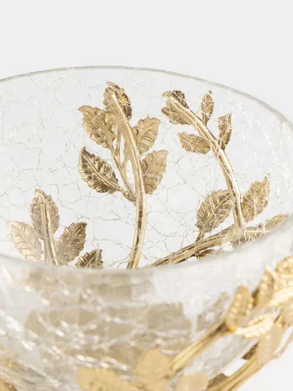 Терең ыдыс, 16х8 см, тұғырда, шыны/металл, алтын түстес, Жапырақтар, Fantastic gold, image-4