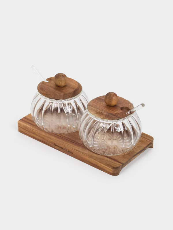 Джемге арналған ваза, 300 мл, 2 дана, қасығы бар, тұғырда, шыны/ағаш, Noble tree, image-1