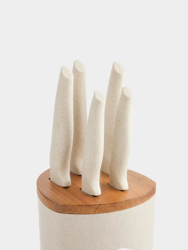 Набор ножей, 5 пр, в подставке, сталь/пластик/дерево, кремовый, Major, image-1