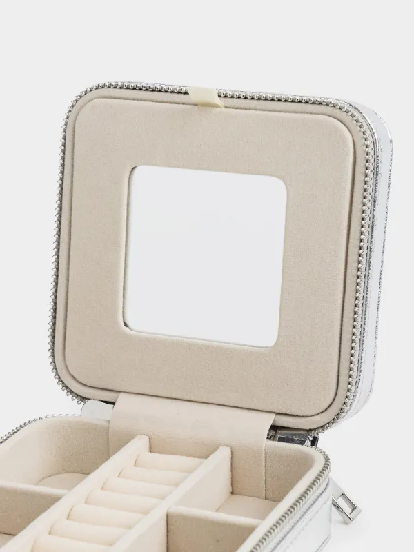 Шкатулка для украшений, 11х11 см, с зеркалом, искусственная кожа/МДФ, серебристая, Premiere small, image-2