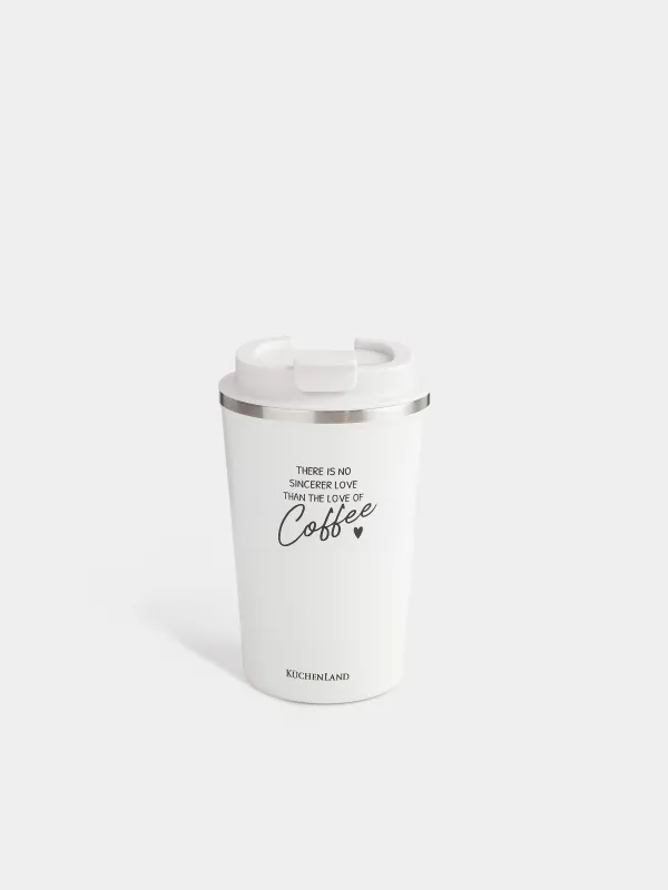 Термо саптыаяқ, 350 мл, болат/пластик, ақ, жазуы бар, Coffee time, image-0