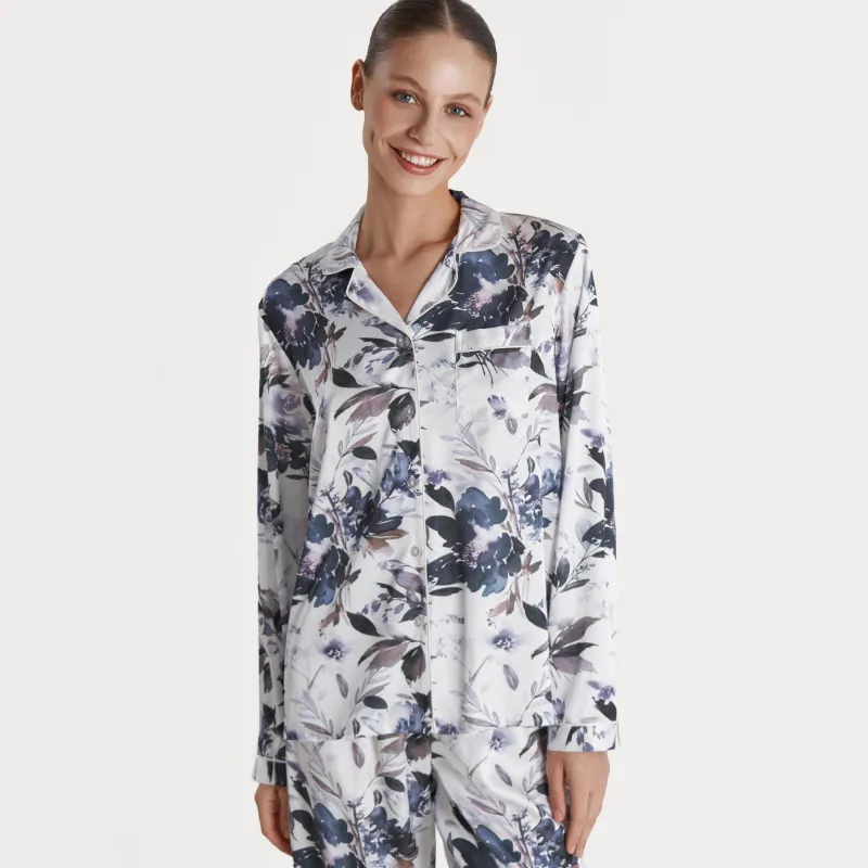 Рубашка женская, с длинным рукавом, полиэстер, молочная, Синие цветы, Rika