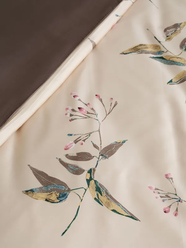 КПБ евро, тенсель 300 ТС, бежевый, Листья, Tencel, image-3