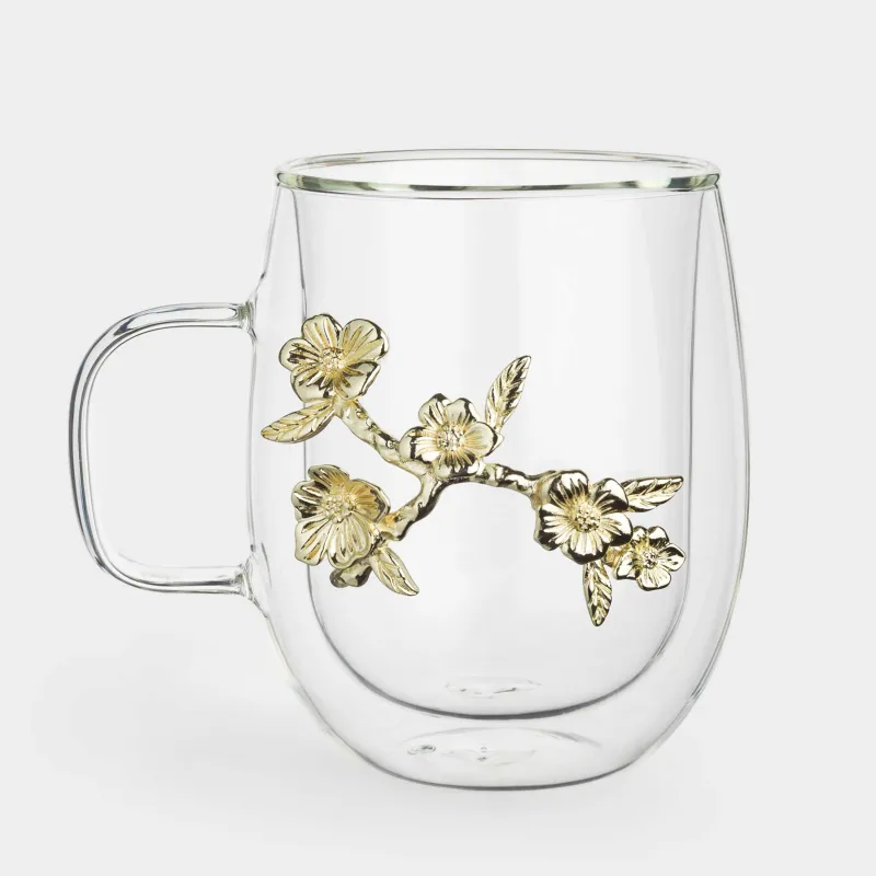 Кружка, 350 мл, стекло Б/металл, Золотистые цветы, Air decor