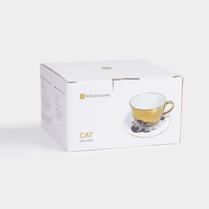 Таңғы асқа арналған шай жұбы, 1 адам, 2 зат, 500 мл, фарфор Р, алтын ақ, Мысық, Cat, image-5