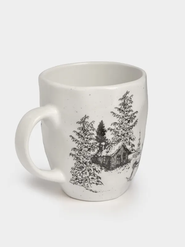 Кружка, 320 мл, керамика, белая, Олень у дома в лесу, Crumple print, image-1