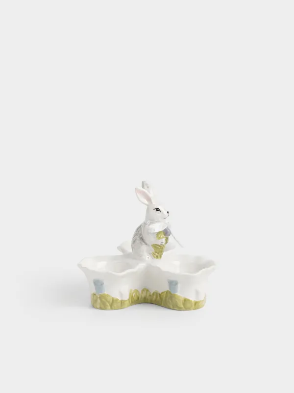 Пасха ыдысы, 13х10 см, 3 бөлім, керамика, сұр, Гүлдері бар қоян, Easter, image-2