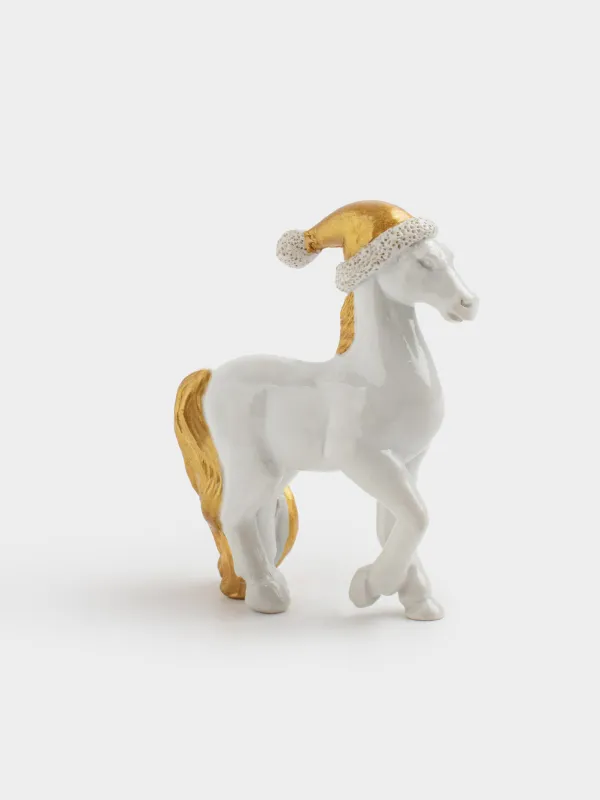 Мүсінше, 8 см, полирезин, алтын түстес ақ, Қалпақ киген жылқы, Horse white, image-1