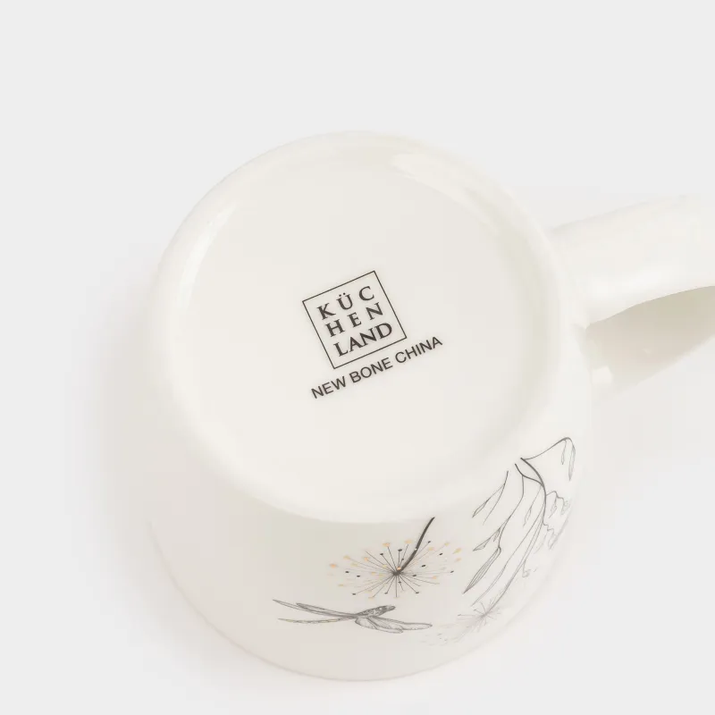 Кружка, 380 мл, фарфор N, белая, с золотистым кантом, Стрекозы и одуванчики, Dragonfly, image-3