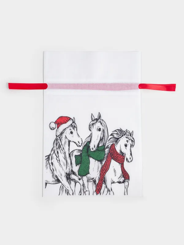 Мешок подарочный, 40х56 см, с завязками, полипропилен, белый, Лошади в шарфах, Horse trio, image-0