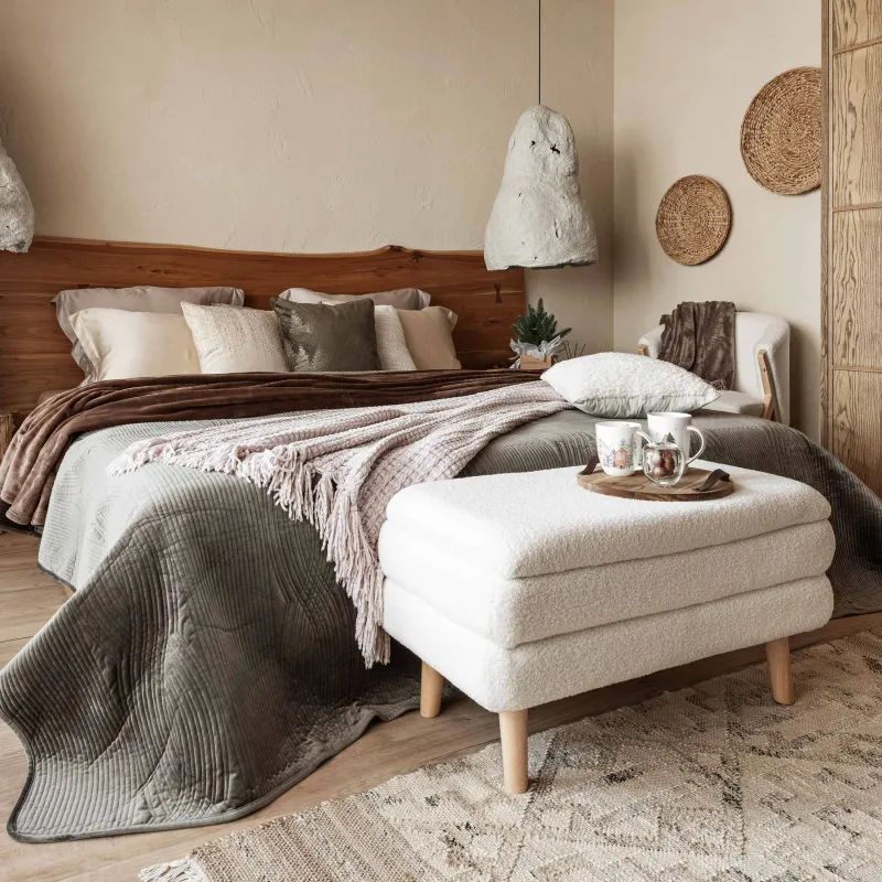 Банкетка, 82х41 см, букле/ағаш, сүт түстес, Букле, image-3