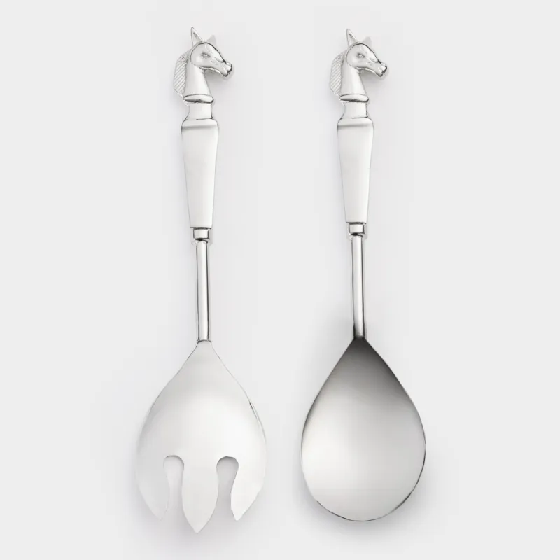 Салат ұсынуға арналған құрылдар, 26 см, 2 зат, қасық/шанышқы, металл, күміс, Жылқылар, Horse silver