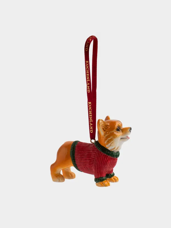 Игрушка елочная, 8 см, полирезин, красно-коричневая, Корги в свитере, Figure christmas, image-1