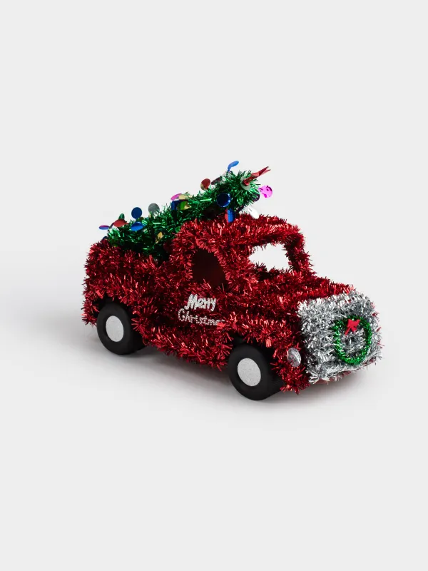 Статуэтка, 27 см, мишура/пластик, красная, Машина с елкой, Tinsel decor, image-1