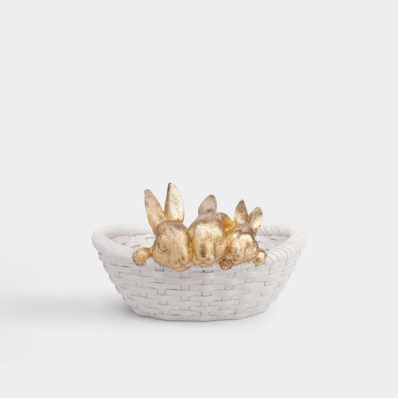 Кәмпит ыдысы, 27х16 см, полирезин, ақ және алтын түстес, Себеттегі қояндар, Rustic Easter