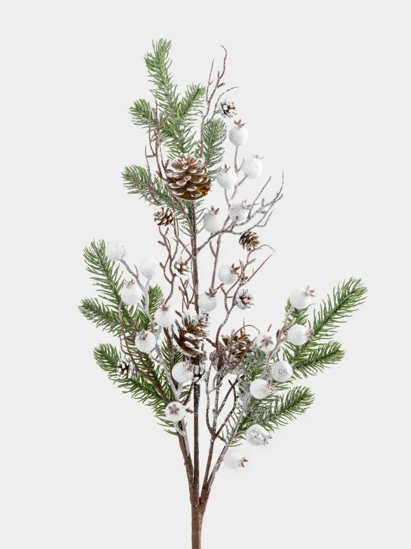 Ветка декоративная, 73 см, пластик/полиэстер, Белые ягоды и шишки, White berry, image-1