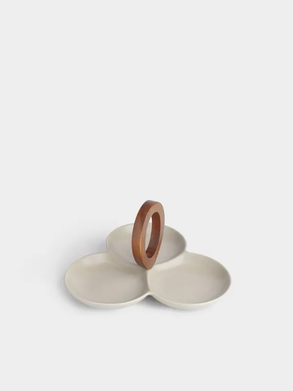 Менажница, с декором, 24 см, 3 отд, с ручкой, фарфор P/дерево, молочная, Ceramo noble, image-2